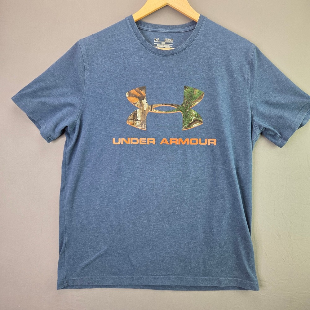 Under Armour T-Shirt Big Logo Camo HeatGear Size M Blue Short Sleeve Loose Fit